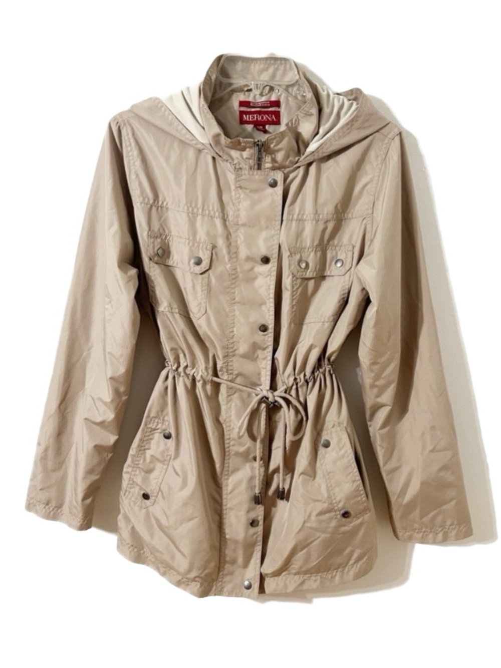 Merona Tan Utility Jacket with Adjustable Waist and Stand-Up Collar Hood Pockets